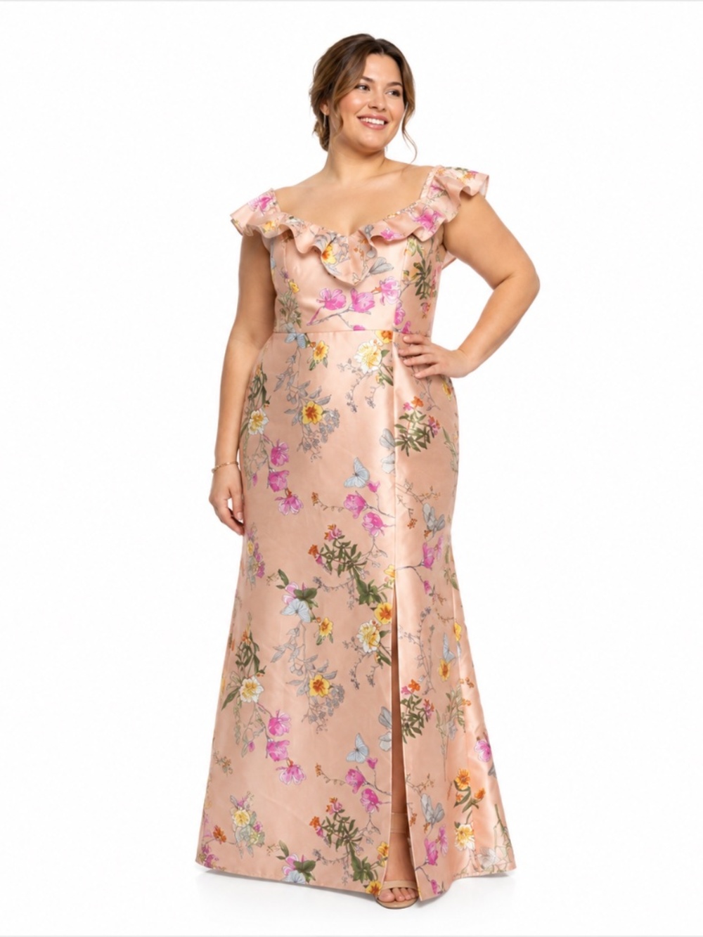Alfred Sung - Butterfly Print Floral‎ Satin Trumpet Gown